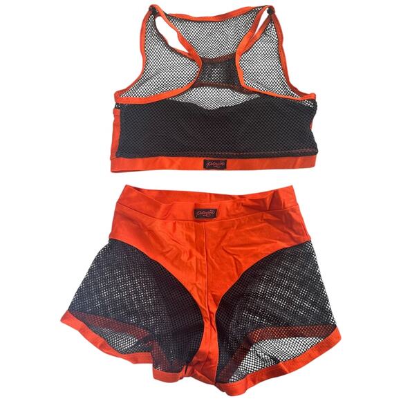 Polerina sheer illusion set orange black fishnet mesh small top medium bottoms - Picture 6 of 9